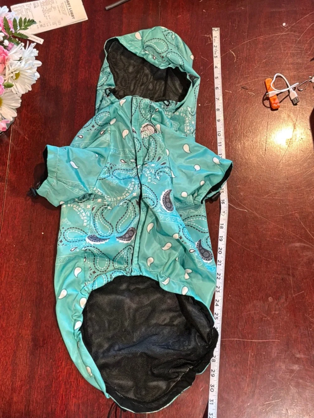 The Dog Face Light Rain Coat Paisley Pattern Teal with Hood and Velcro Closure